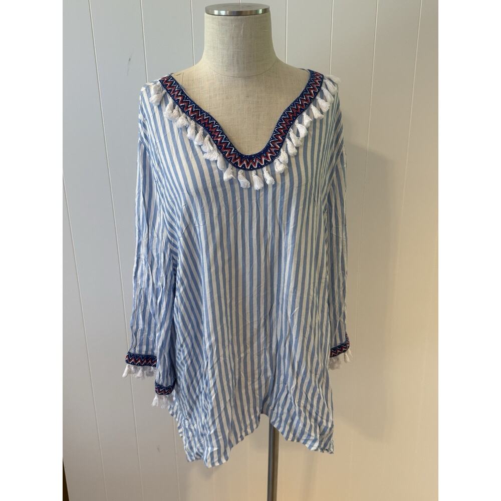 Ruby Rd. Woman 3X Blue White Stripe Tunic Top Tassel Trim Boho Beach Blouse